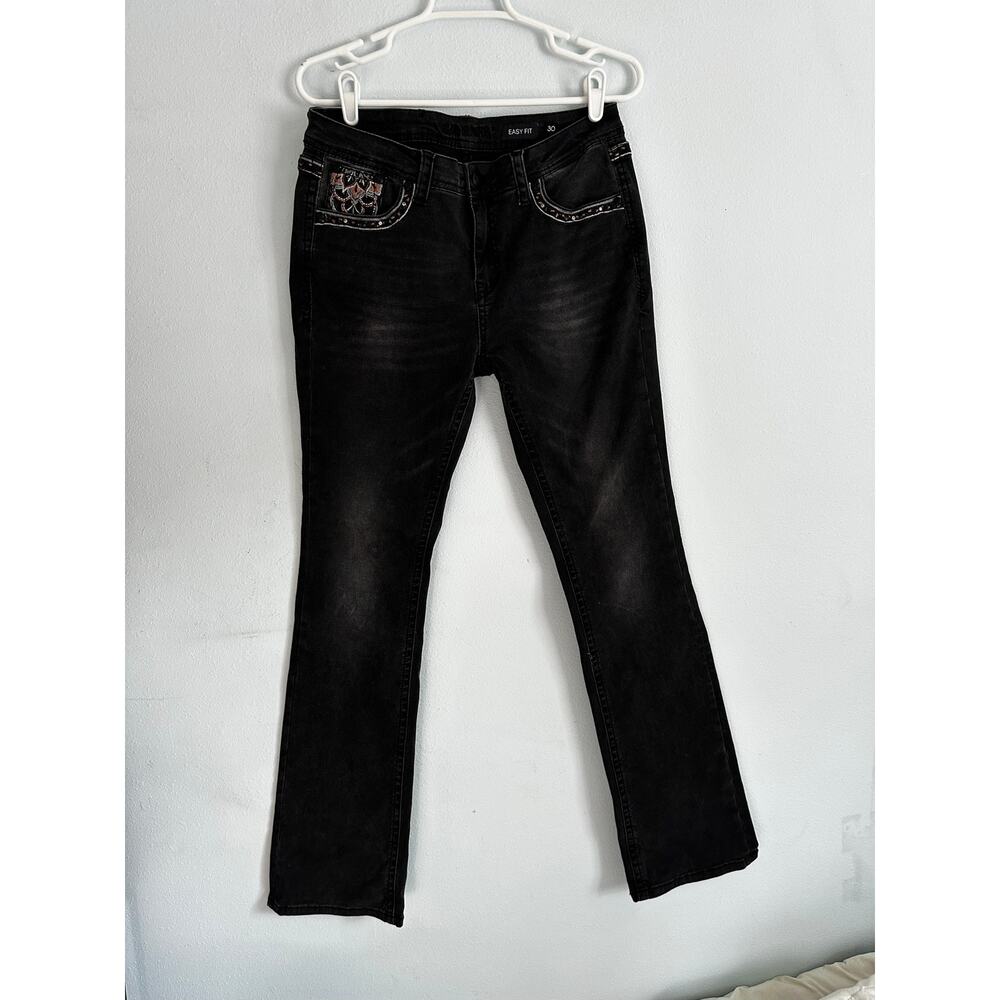 Grace in LA Easy Fit Embellished Jeans Women's Size 30 Black Faded Bootcut